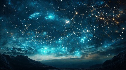 Wall Mural - a breathtaking view of a starlit night sky filled with constellations over a tranquil mountain lands
