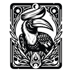 Hornbill bird in Tarot card black and white silhouette illustration