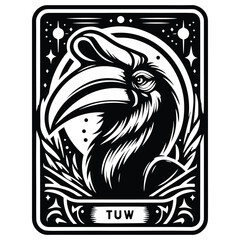 Hornbill bird in Tarot card black and white silhouette illustration