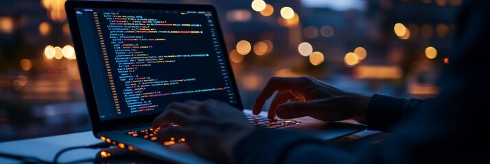 Fototapete - Hands typing on a laptop in a dimly lit room with coding on screen. Ambient lights create a futuristic setting, representing the digital world of IT development.