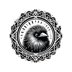 Wall Mural - Kiwi bird in bohemian black and white silhouette illustration