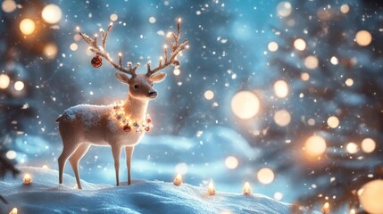Aufkleber - A serene winter scene featuring a decorated reindeer amidst softly glowing lights and gentle snowflakes.