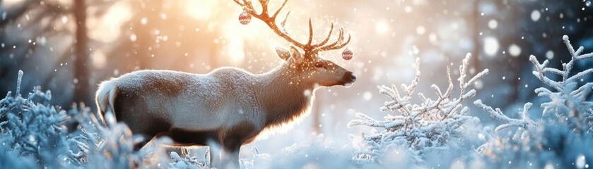 Wall Mural - A majestic reindeer standing in a snowy landscape, illuminated by soft winter light, capturing the essence of a serene winter wonderland.