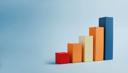 Colorful 3D bar graph with ascending bars on light blue background, representing growth, progress, and increase in performance.