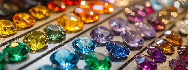 Poster - Colorful collection of cut gemstones displayed in a jewelry store showcasing a variety of shapes and hues under warm lighting
