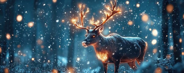 Aufkleber - A majestic deer illuminated by soft lights in a snowy forest, creating a magical winter scene filled with wonder.