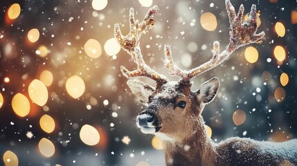 Poster - A majestic deer stands in a snowy landscape, surrounded by glowing bokeh lights, evoking a serene winter atmosphere.