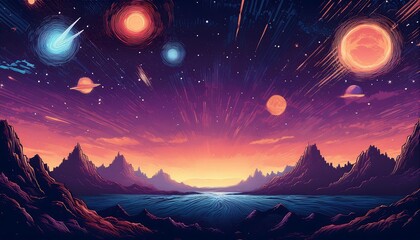 Wall Mural - Retro Pixelated Galaxy- gradient background with a pixel art starry sky showcasing a retro galaxy theme. Graphic art illustration