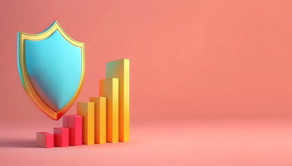 Colorful shield symbolizes security alongside rising bar graph, representing growth, safety, and financial success in modern business.