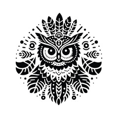 Wall Mural - Owl bird in bohemian black and white silhouette illustration