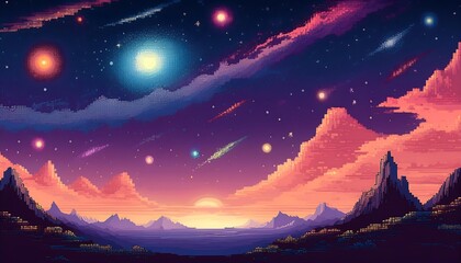 Retro Pixelated Galaxy - Pixel art starry sky with a gradient background showcasing a nostalgic galaxy theme, perfect for retro lovers. Graphic art illustration. Ai Generated