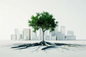 A solitary tree with roots exposed stands in front of a modern cityscape, symbolizing nature s resilience amidst urbanization