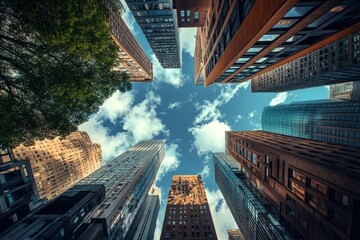 Inverted cityscape, bottom-to-top view