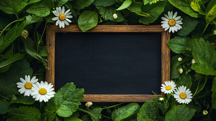 Fototapete - Blackboard with wooden frame and daisies and green leaves, ideal for spring themes