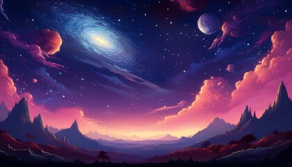 Wall Mural - Retro Pixelated Galaxy - A pixel art galaxy with a gradient background featuring a starry sky, capturing a classic retro theme for your designs. Graphic art illustration. Ai Generated