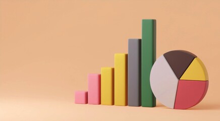 Colorful bar chart and pie chart on beige background representing data analysis, business growth, and financial statistics.