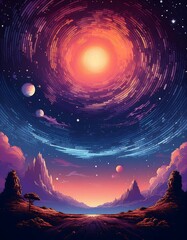 Wall Mural - Pixelated Retro Galaxy - Gradient background with a starry pixel art sky, emphasizing a vintage galaxy theme ideal for retro-style projects. Graphic art illustration. Ai Generated