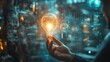 © JCreative - Hand holding a glowing lightbulb with data and technology background.