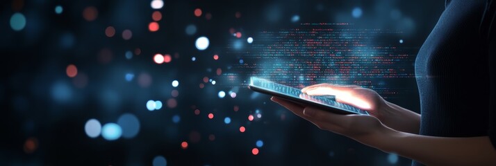 Poster - A person typing on a glowing tablet with orange data streams. Conveys the creative and dynamic nature of coding.