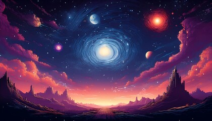 Wall Mural - Pixel Art Retro Space - A gradient background featuring a pixelated galaxy with a starry sky, highlighting a retro space theme for artistic projects. Graphic art illustration. Ai Generated