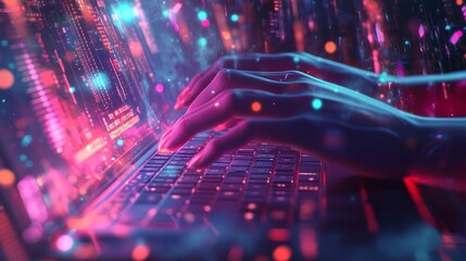Aufkleber - Female hands typing on a laptop with glowing code. Concept of programming and coding.