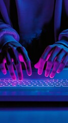 Poster - Hands glowing in purple and blue light typing on a digital keyboard in a futuristic setting. Abstract coding and technology concept.