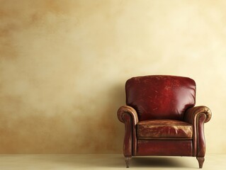 Poster - Vintage Leather Armchair Against a Beige Wall.