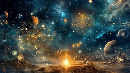 Wall Mural - a vibrant cosmic landscape featuring planets, stars, and celestial symbols against a starry night sk