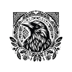 Wall Mural - raven bird in bohemian black and white silhouette illustration