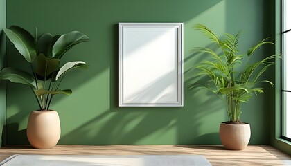 Wall Mural - Blank picture frame mockup against a vibrant green wall, showcasing Generative AI creativity and design potential