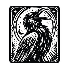 Sticker - raven bird in Tarot card black and white silhouette illustration