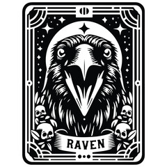 raven bird in Tarot card black and white silhouette illustration