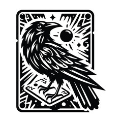 Sticker - raven bird in Tarot card black and white silhouette illustration