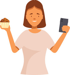 Poster - woman is holding a muffin in one hand and showing a smartphone screen in the other hand