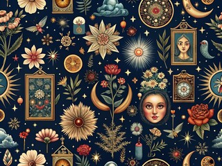 Mystical, ornate wallpaper features a vintage-inspired tarot card design with elaborate illustrations of symbols,