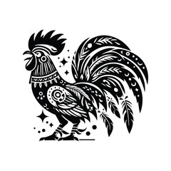 Wall Mural - Rooster bird in bohemian black and white silhouette illustration