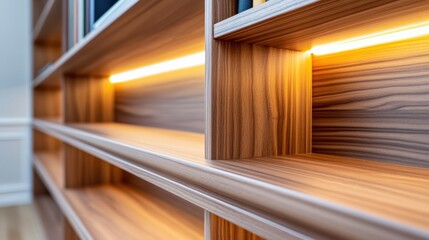 Poster - A close up of a wooden shelf with some lights on it, AI