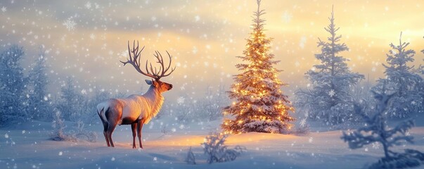 Aufkleber - A serene winter scene featuring a majestic reindeer beside a beautifully illuminated Christmas tree surrounded by falling snow.