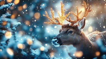 Wall Mural - A majestic deer in a snowy forest illuminated by soft lights, capturing the serene beauty of winter's embrace.