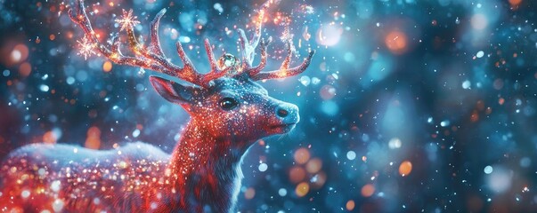 Poster - A majestic deer illuminated by sparkling lights, set in a whimsical snowy atmosphere, capturing the magic of winter nights.