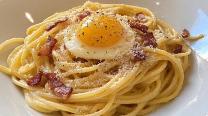 Wall Mural - A plate of spaghetti carbonara with a fried egg on top, seasoned with black pepper and grated Parmesan cheese.