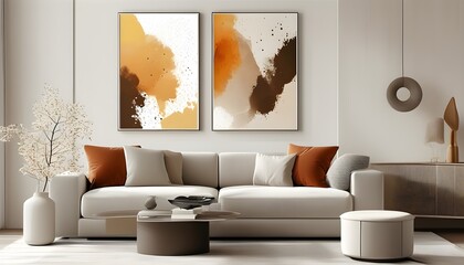 Minimalist art illustration with vibrant color splashes framed on a living room wall, showcasing a modern mockup idea created through Generative AI