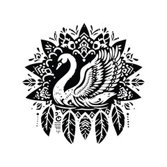 Wall Mural - Swan bird in bohemian black and white silhouette illustration