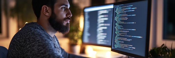 Poster - Young programmer working on multiple screens with code at night in a modern office. Focused coding work.
