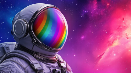 Wall Mural - A close up of an astronaut in a space suit with rainbow colored stripes, AI