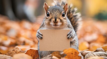 Wall Mural - A squirrel holding a piece of paper in its mouth. The paper is brown and has a blank space on it. The squirrel is standing on a pile of leaves