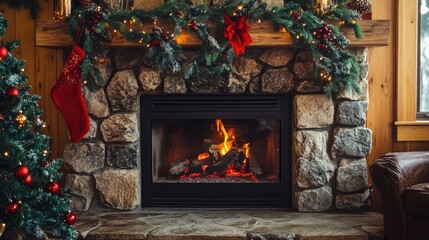 Aufkleber - Cozy fireplace adorned with garland and stockings, surrounded by festive decorations and a Christmas tree, evoking holiday warmth.