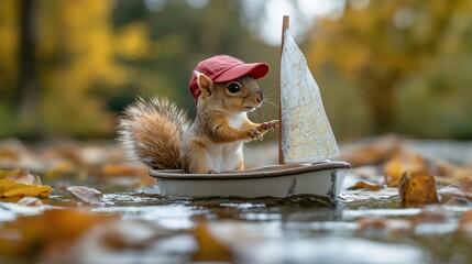 Wall Mural - A squirrel wearing a red hat and a red cap is sitting in a boat. The boat is small and the squirrel is holding a sail. The scene is playful and lighthearted