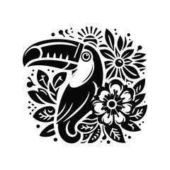 Wall Mural - Toucan bird in folk art black and white silhouette illustration