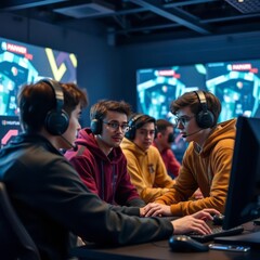 Young cybersport gamer discussing strategy with his diverse team in a gameroom gameroom 